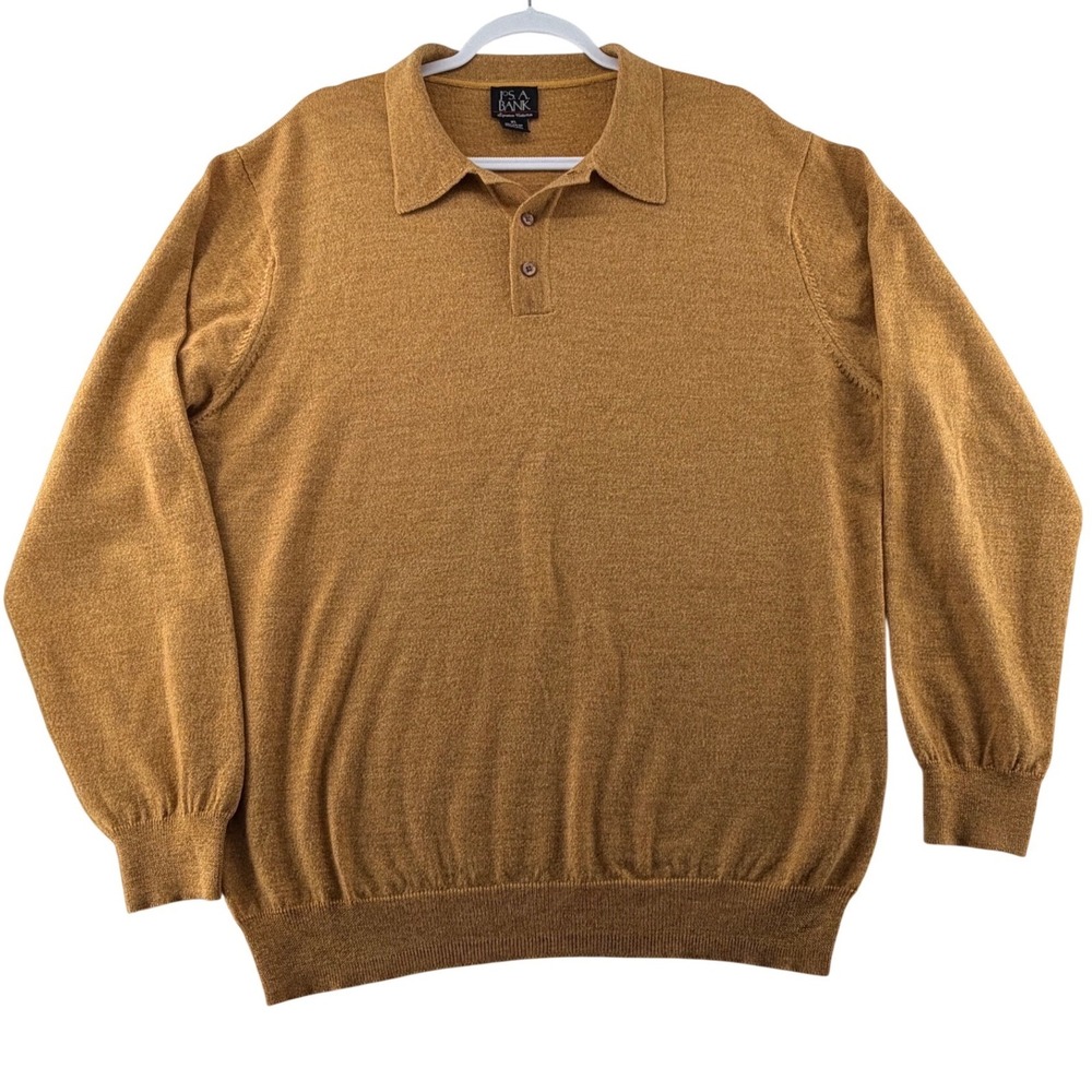 Jos A Bank Signature Polo Sweater Mens X-Large Gold 100% Italian Merino Wool